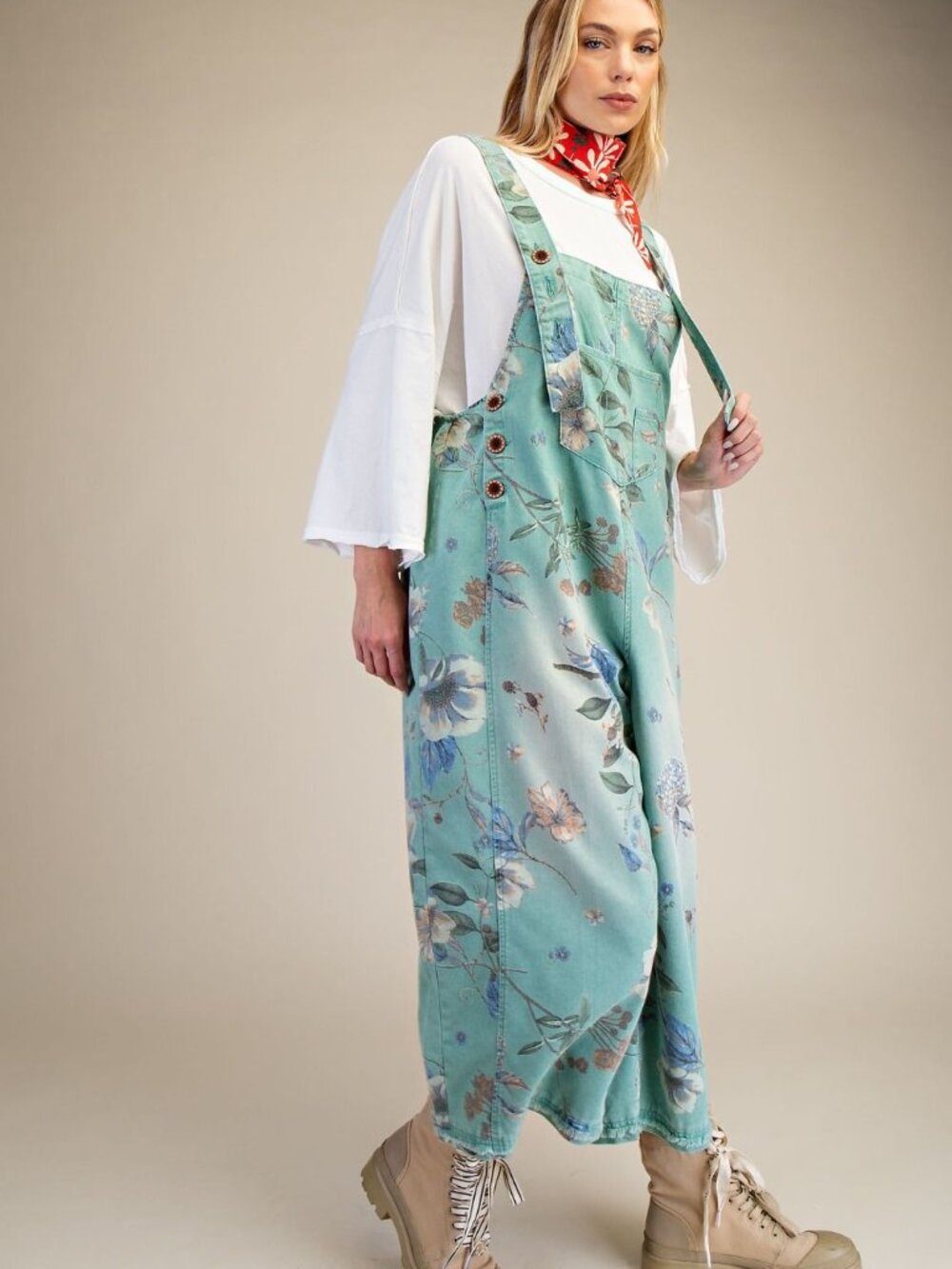 FLOWER PRINTED WASHED DENIM OVERALLS - Picture 4 of 4